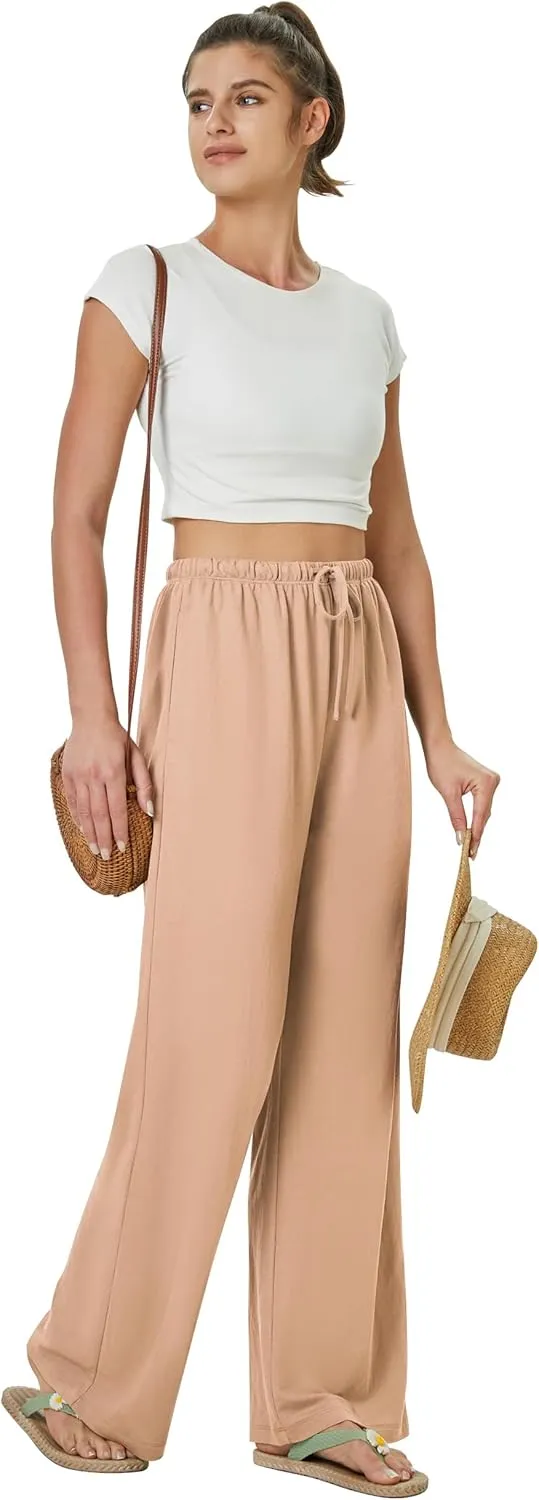 keriffe Women's Flowy Wide Leg Pants Casual Beach Pants High Waisted Drawstring Palazzo Trousers with Pockets