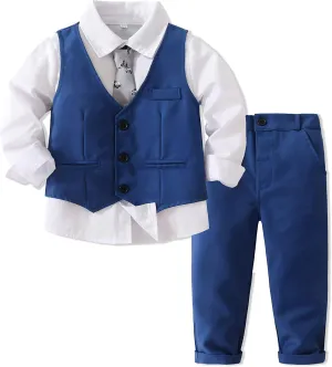 Kimocat Boys' 4-Piece Formal Suit Set Dress Shirt Vest Pants and Tie Wedding Birthday Party Suit