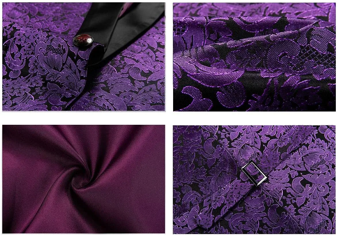 KUDORO Mens Suits Slim Fit 3 Piece Tuxedo Suit Set for Prom Wedding Party Paisley Jacket Vest Pants Homecoming Outfit