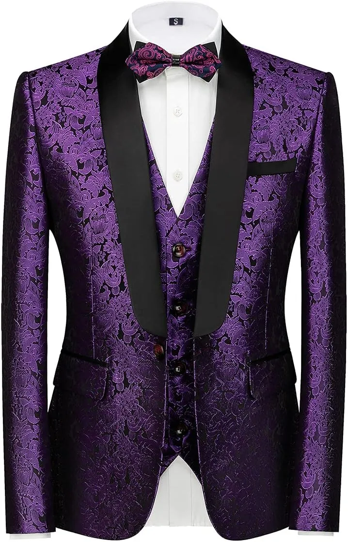 KUDORO Mens Suits Slim Fit 3 Piece Tuxedo Suit Set for Prom Wedding Party Paisley Jacket Vest Pants Homecoming Outfit