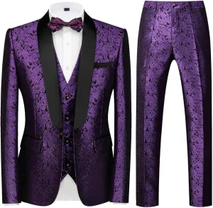 KUDORO Mens Suits Slim Fit 3 Piece Tuxedo Suit Set for Prom Wedding Party Paisley Jacket Vest Pants Homecoming Outfit