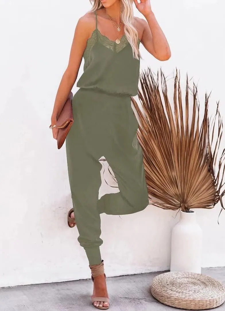 Lacozy Women's Casual Solid Lace Tank Jumpsuits Sleeveless V Neck Spaghetti Strap Long Romper Jumpsuit