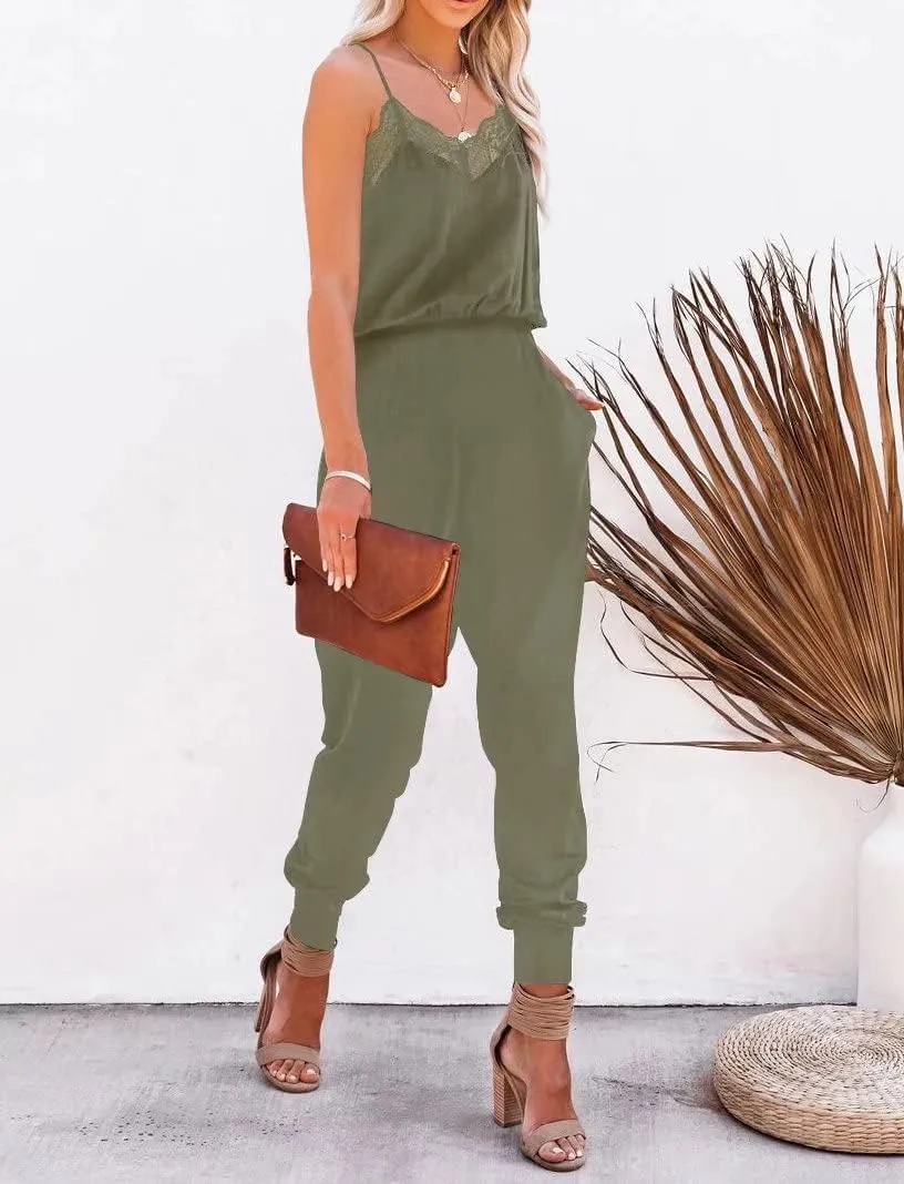 Lacozy Women's Casual Solid Lace Tank Jumpsuits Sleeveless V Neck Spaghetti Strap Long Romper Jumpsuit