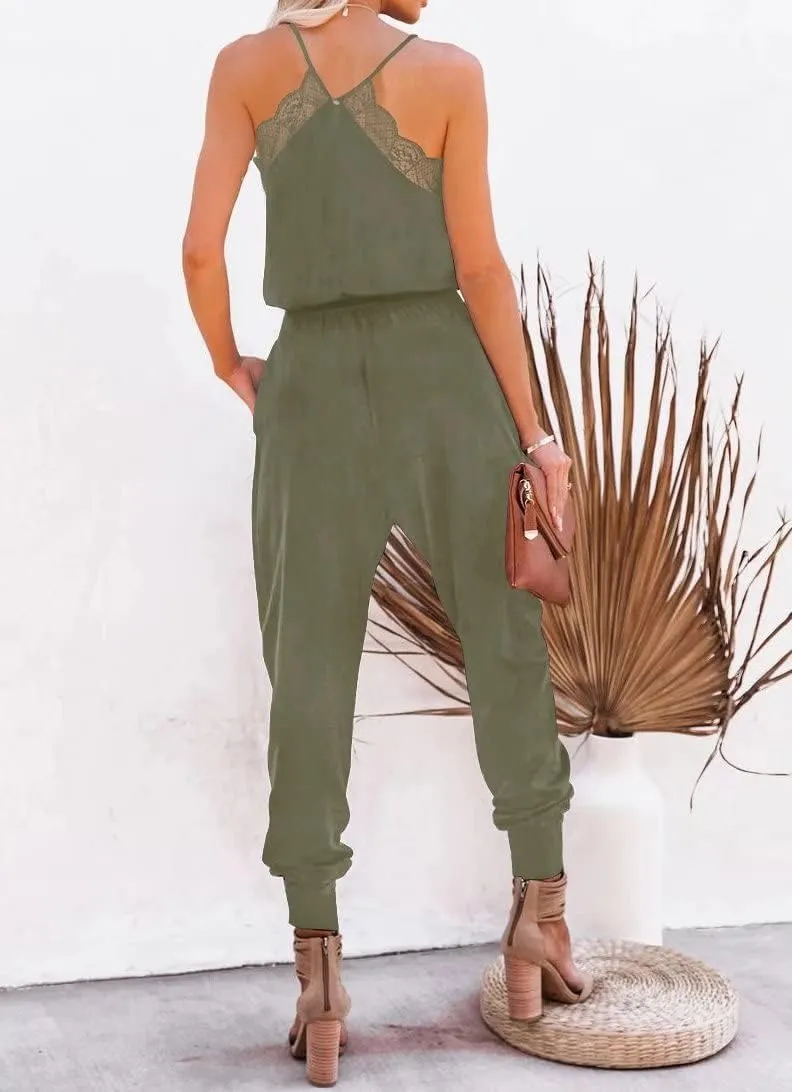 Lacozy Women's Casual Solid Lace Tank Jumpsuits Sleeveless V Neck Spaghetti Strap Long Romper Jumpsuit