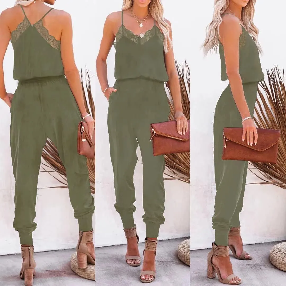 Lacozy Women's Casual Solid Lace Tank Jumpsuits Sleeveless V Neck Spaghetti Strap Long Romper Jumpsuit