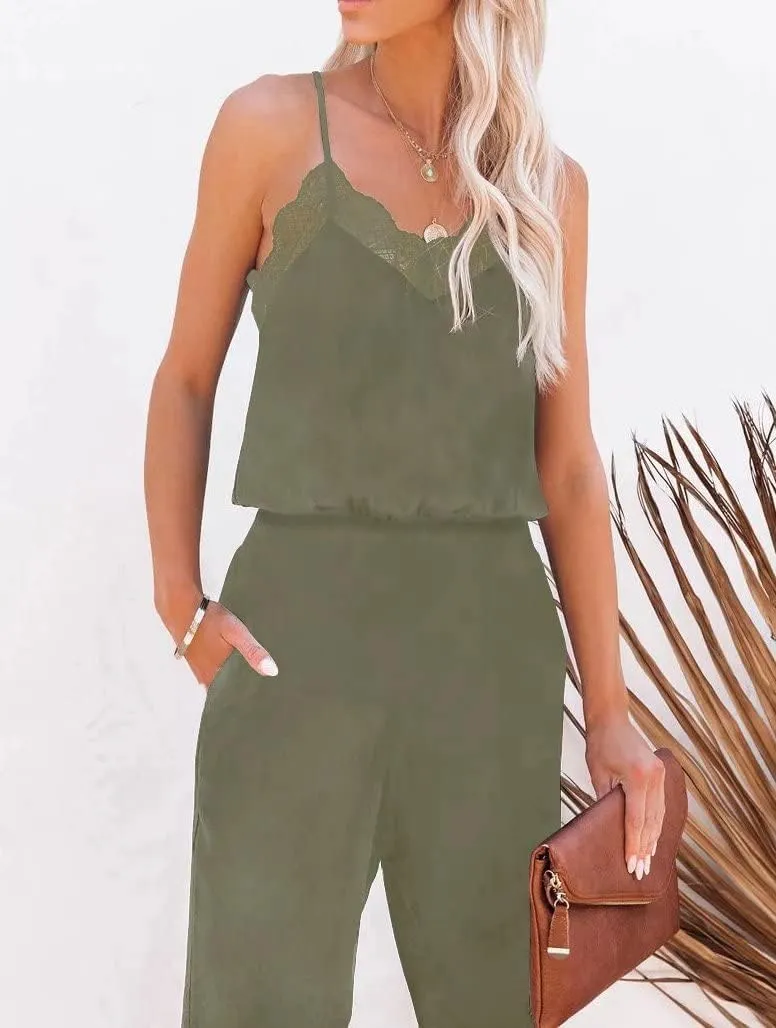 Lacozy Women's Casual Solid Lace Tank Jumpsuits Sleeveless V Neck Spaghetti Strap Long Romper Jumpsuit