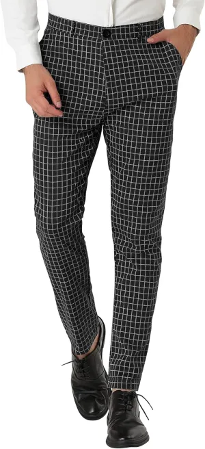 Lars Amadeus Men's Business Pants Checked Printed Slim Fit Flat Front Plaid Dress Trousers