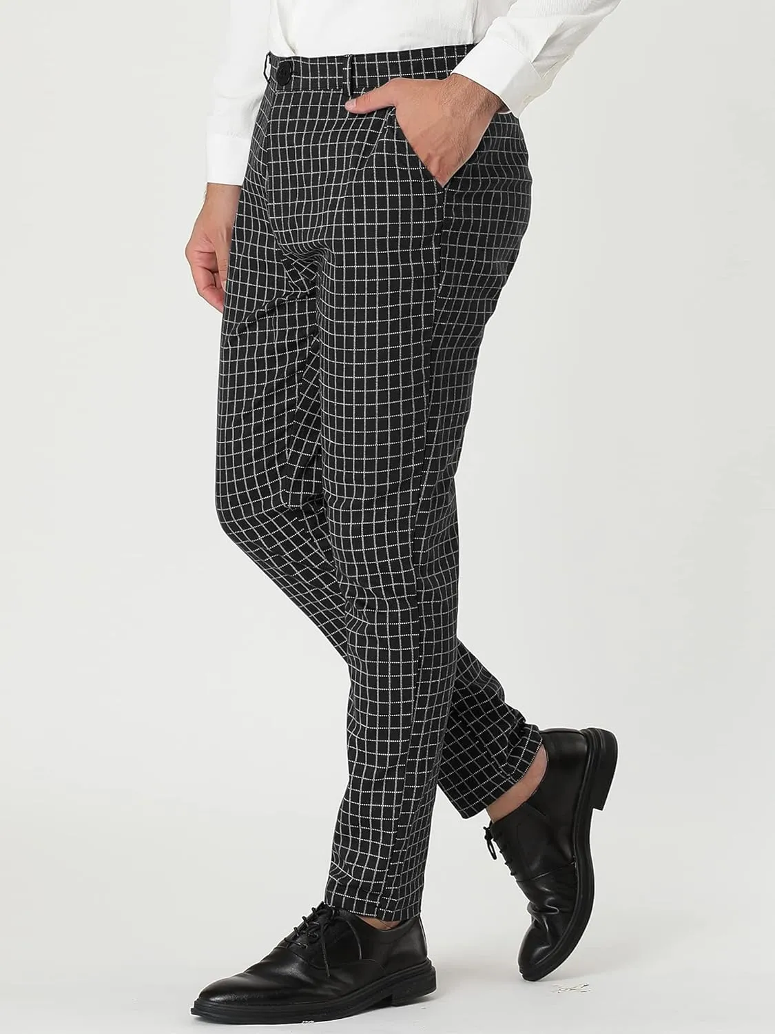 Lars Amadeus Men's Business Pants Checked Printed Slim Fit Flat Front Plaid Dress Trousers