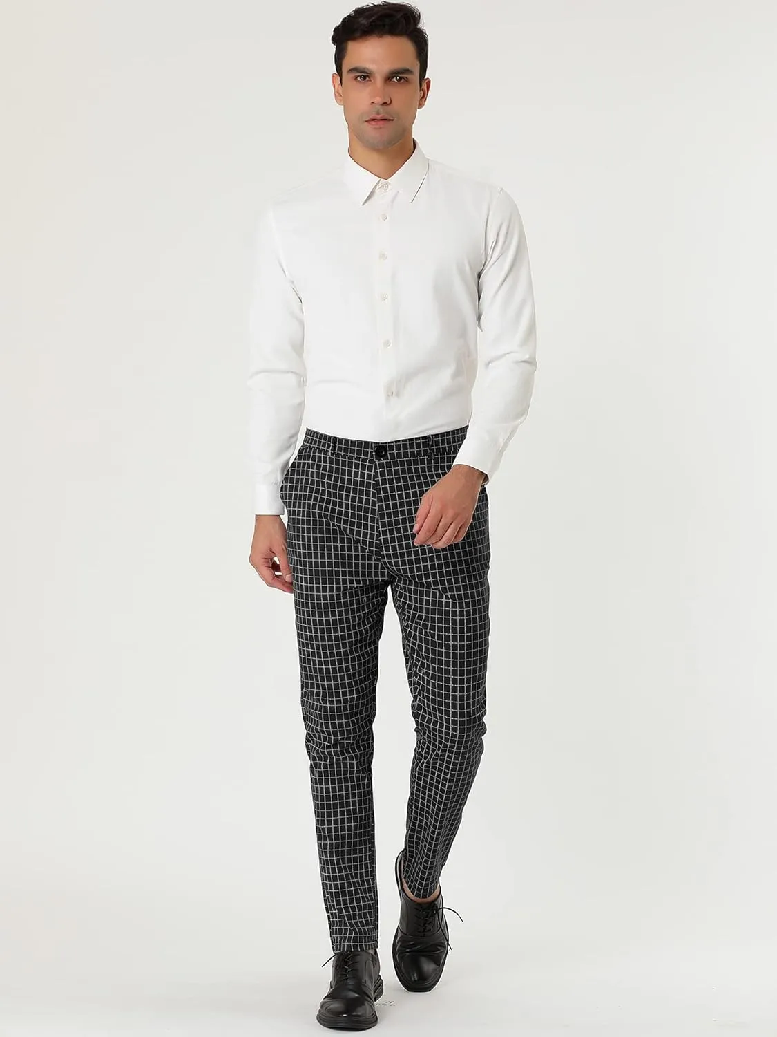 Lars Amadeus Men's Business Pants Checked Printed Slim Fit Flat Front Plaid Dress Trousers