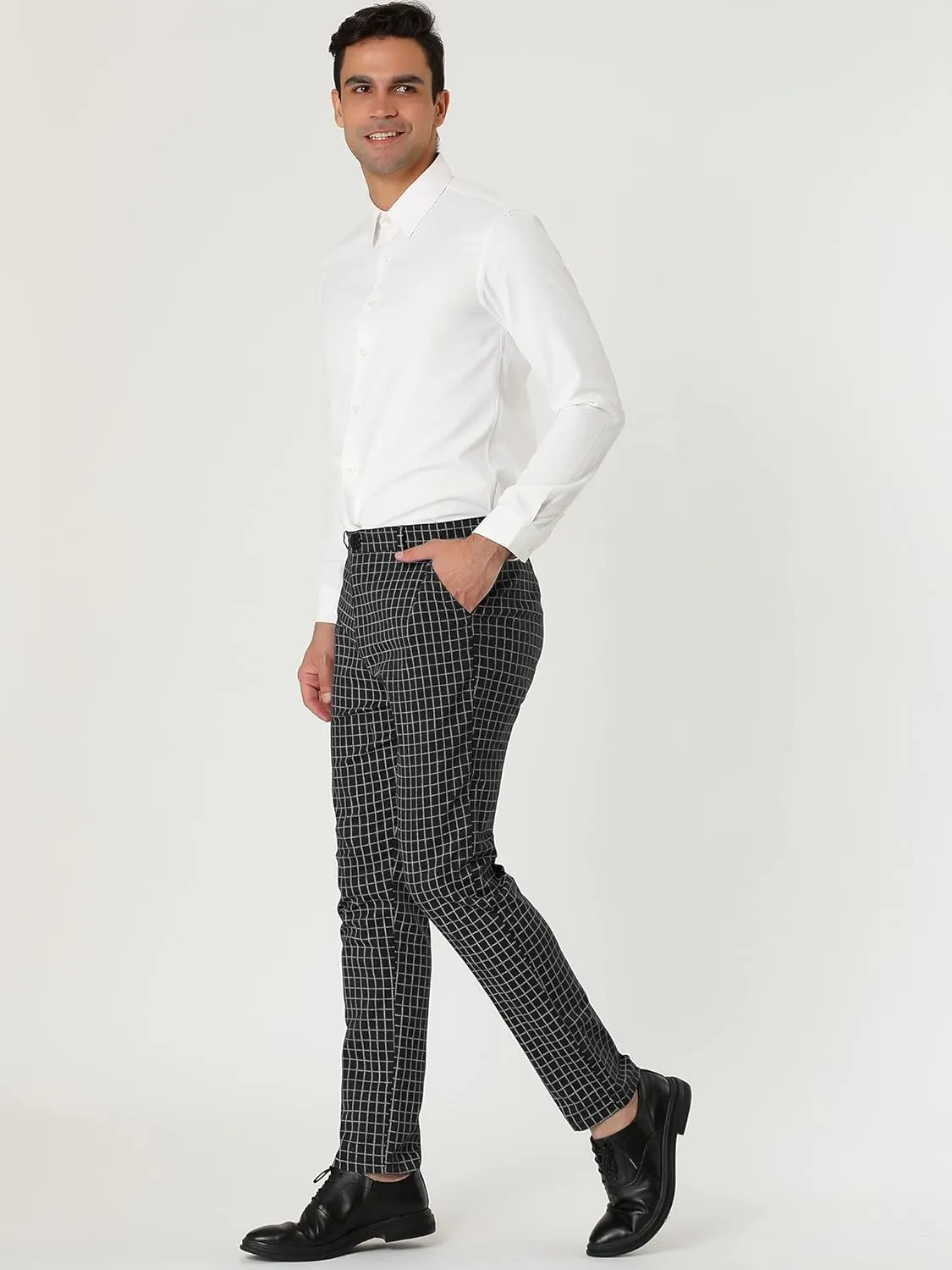 Lars Amadeus Men's Business Pants Checked Printed Slim Fit Flat Front Plaid Dress Trousers