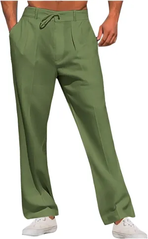 Linen Pants for Men Casual Baggy Elastic Drawstring Waist Wide Leg Beach Pant Lightweight Comfy Trousers with Pockets