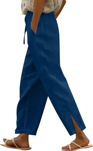 Linen Pants for Women 2025 Summer High Waist Elastic Straight Leg Pant Casual Loose Lightweight Beach Trousers