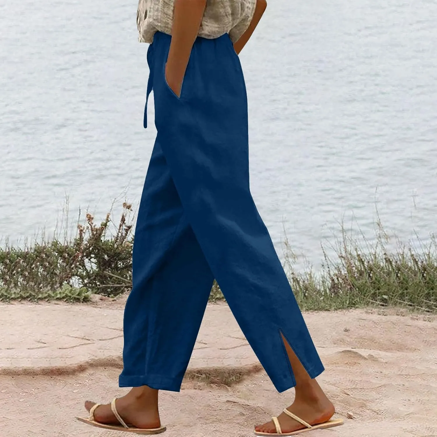 Linen Pants for Women 2025 Summer High Waist Elastic Straight Leg Pant Casual Loose Lightweight Beach Trousers