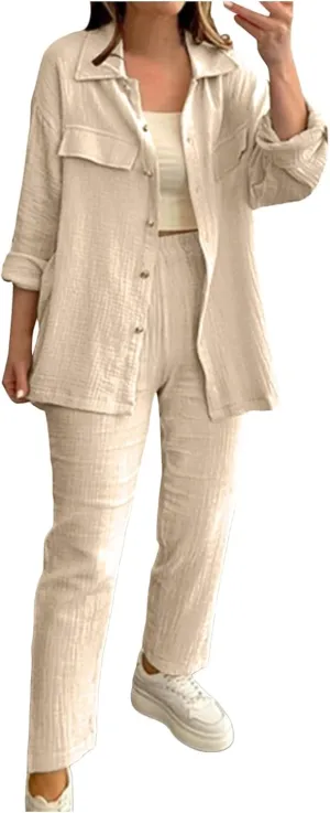 Linen Sets for Women 2 Piece Straight Wide Leg Pants Set Short Sleeve T-shirt Casual Outfits Comfy Loungewear