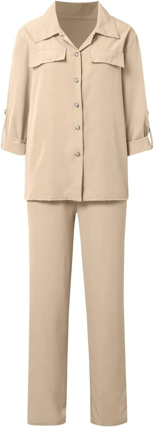 Linen Sets for Women 2 Piece Straight Wide Leg Pants Set Short Sleeve T-shirt Casual Outfits Comfy Loungewear