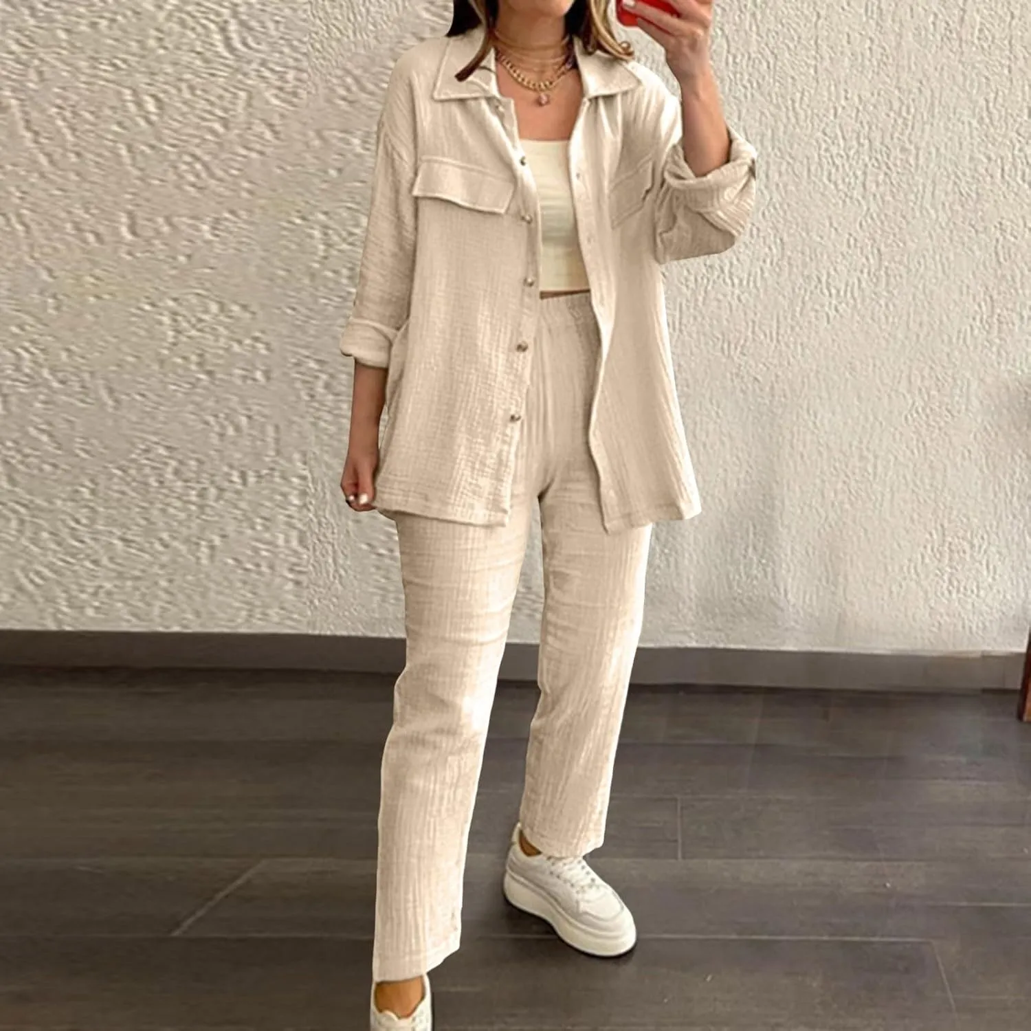 Linen Sets for Women 2 Piece Straight Wide Leg Pants Set Short Sleeve T-shirt Casual Outfits Comfy Loungewear