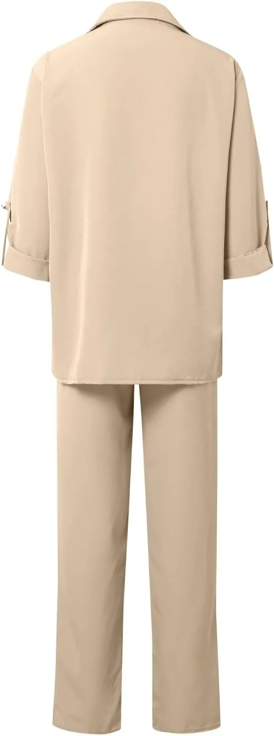 Linen Sets for Women 2 Piece Straight Wide Leg Pants Set Short Sleeve T-shirt Casual Outfits Comfy Loungewear