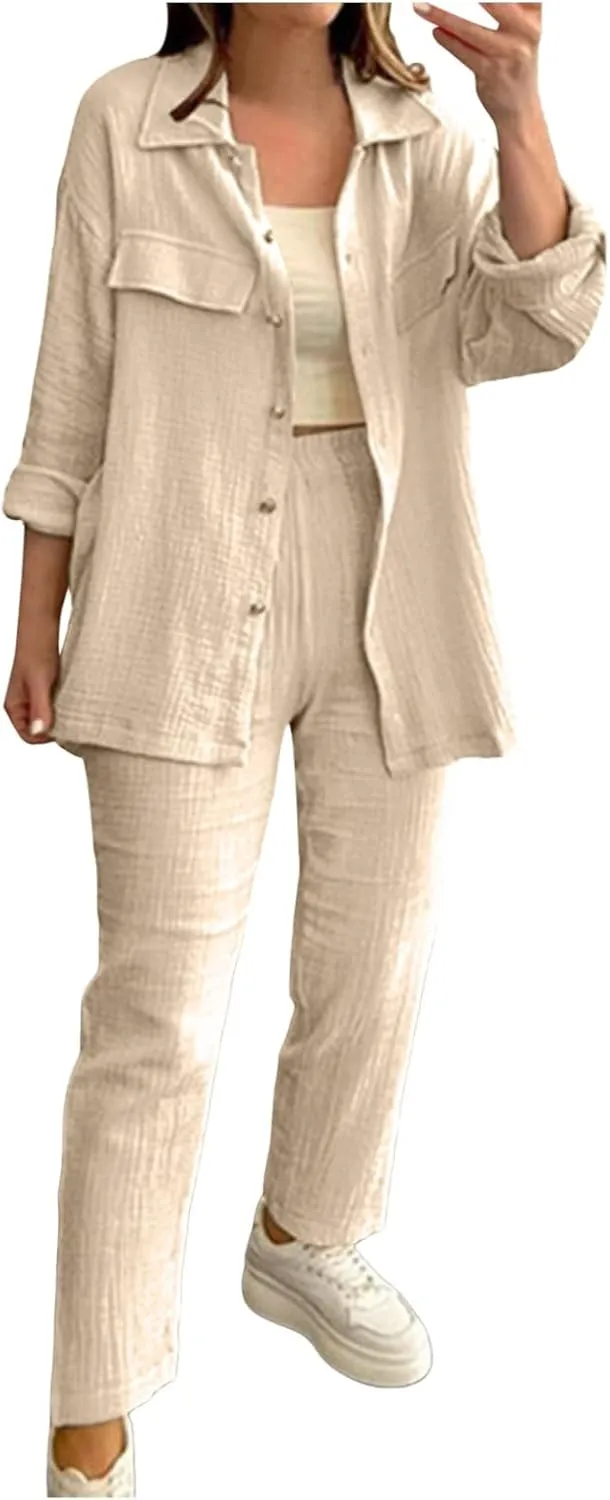 Linen Sets for Women 2 Piece Straight Wide Leg Pants Set Short Sleeve T-shirt Casual Outfits Comfy Loungewear