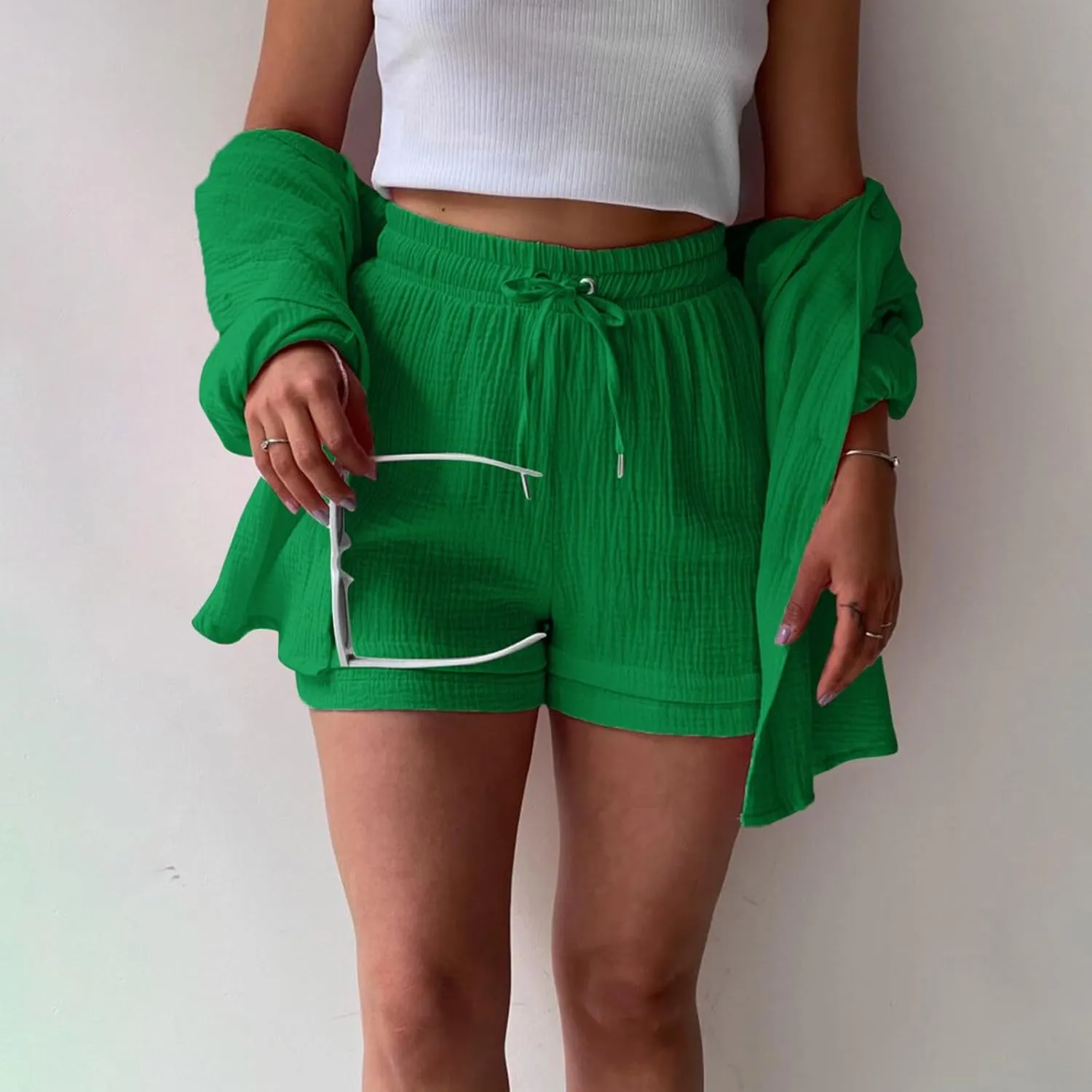 Linen Shorts Set for Women Long Sleeve Button down Shirt and Shorts Tracksuit Lounge Set Plus Size Maternity Clothes