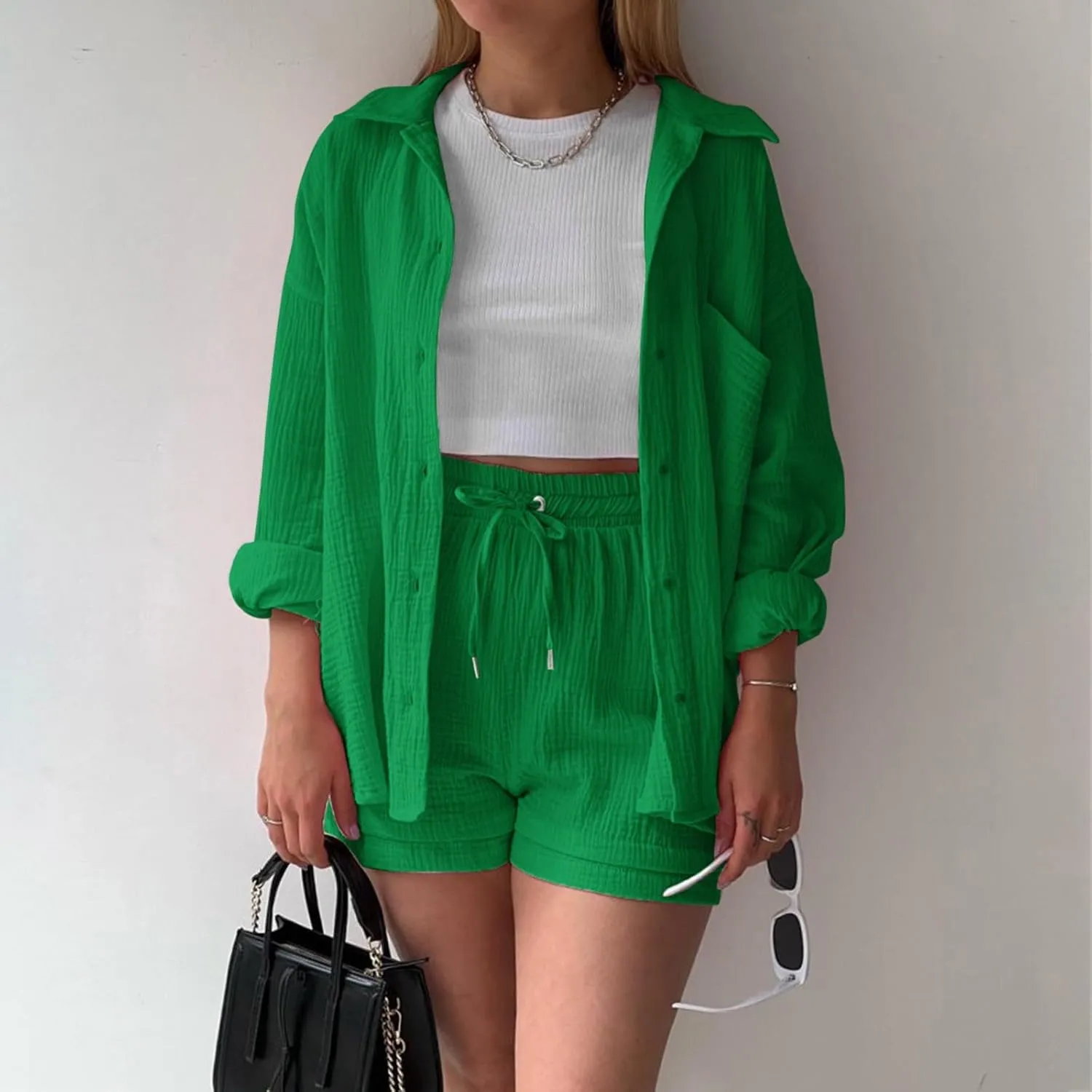 Linen Shorts Set for Women Long Sleeve Button down Shirt and Shorts Tracksuit Lounge Set Plus Size Maternity Clothes