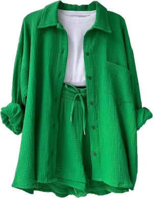 Linen Shorts Set for Women Long Sleeve Button down Shirt and Shorts Tracksuit Lounge Set Plus Size Maternity Clothes