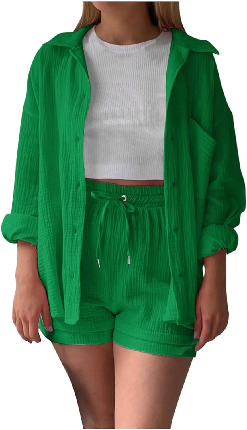 Linen Shorts Set for Women Long Sleeve Button down Shirt and Shorts Tracksuit Lounge Set Plus Size Maternity Clothes