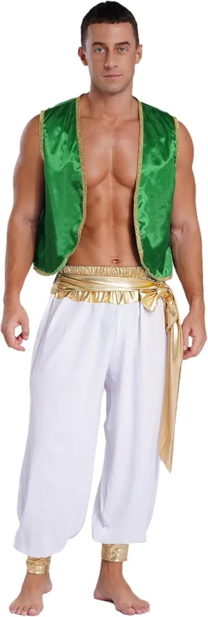Linjinx Men's 2Pcs Arabian Prince Cosplay Costume Sleeveless Vest Waistcoat with Hippie Harem Pants