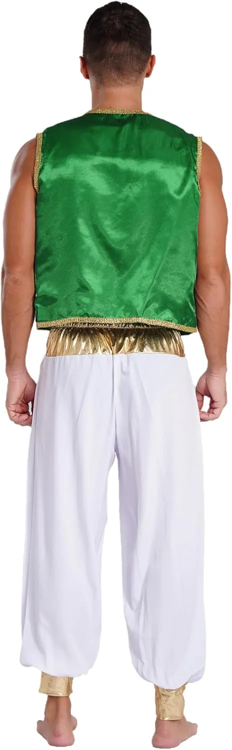 Linjinx Men's 2Pcs Arabian Prince Cosplay Costume Sleeveless Vest Waistcoat with Hippie Harem Pants
