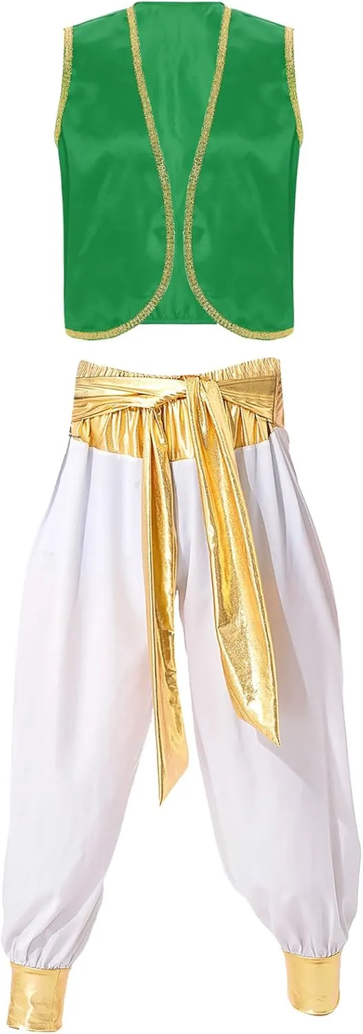 Linjinx Men's 2Pcs Arabian Prince Cosplay Costume Sleeveless Vest Waistcoat with Hippie Harem Pants