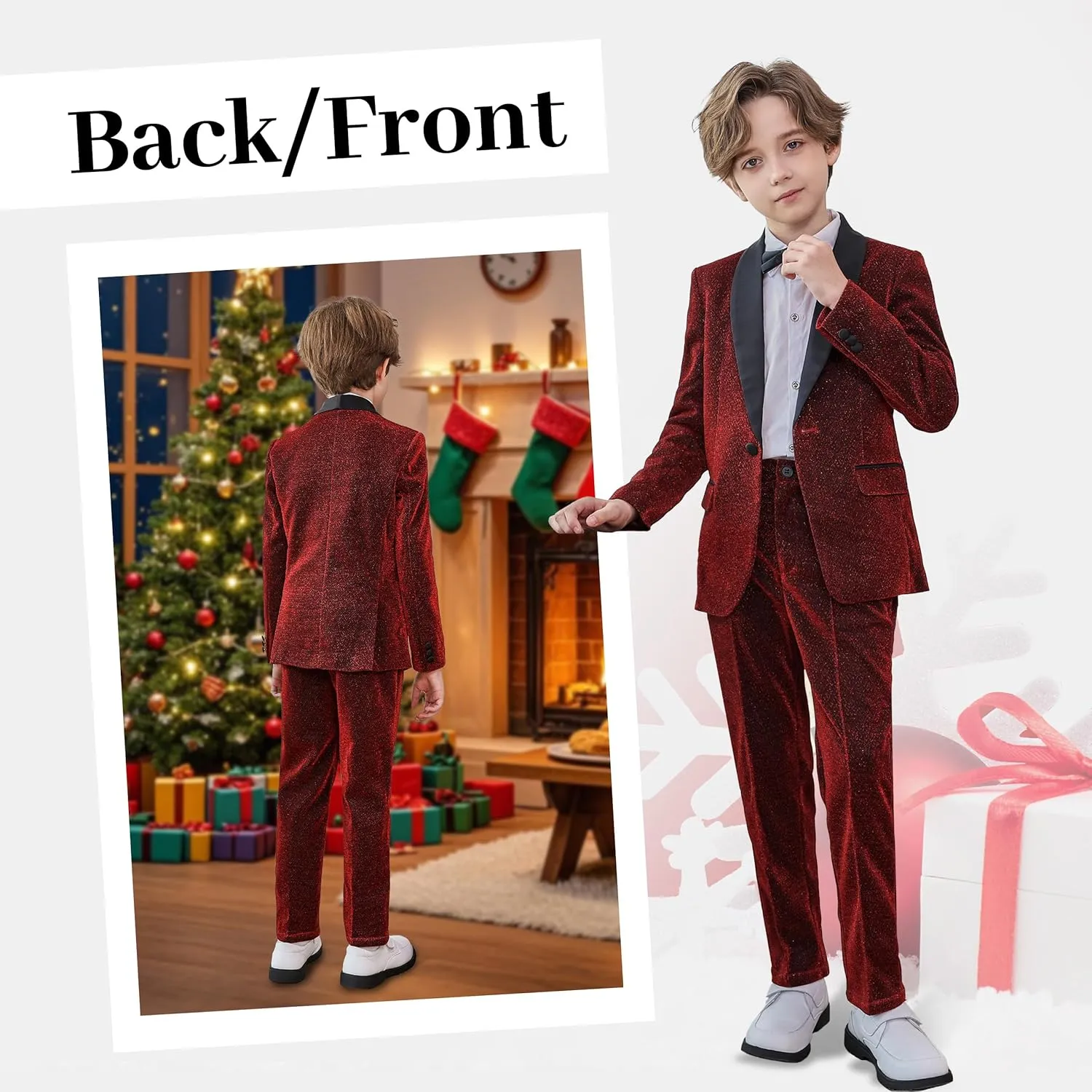 LOLANTA 4Pcs Boys Shiny Suits, Formal Tuxedo Kids Glitter Performance Blazer and Pants with Shirt for Christmas 5-12 Years