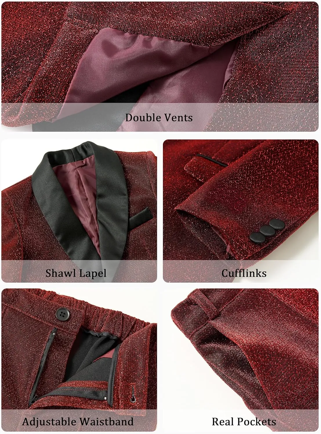 LOLANTA 4Pcs Boys Shiny Suits, Formal Tuxedo Kids Glitter Performance Blazer and Pants with Shirt for Christmas 5-12 Years