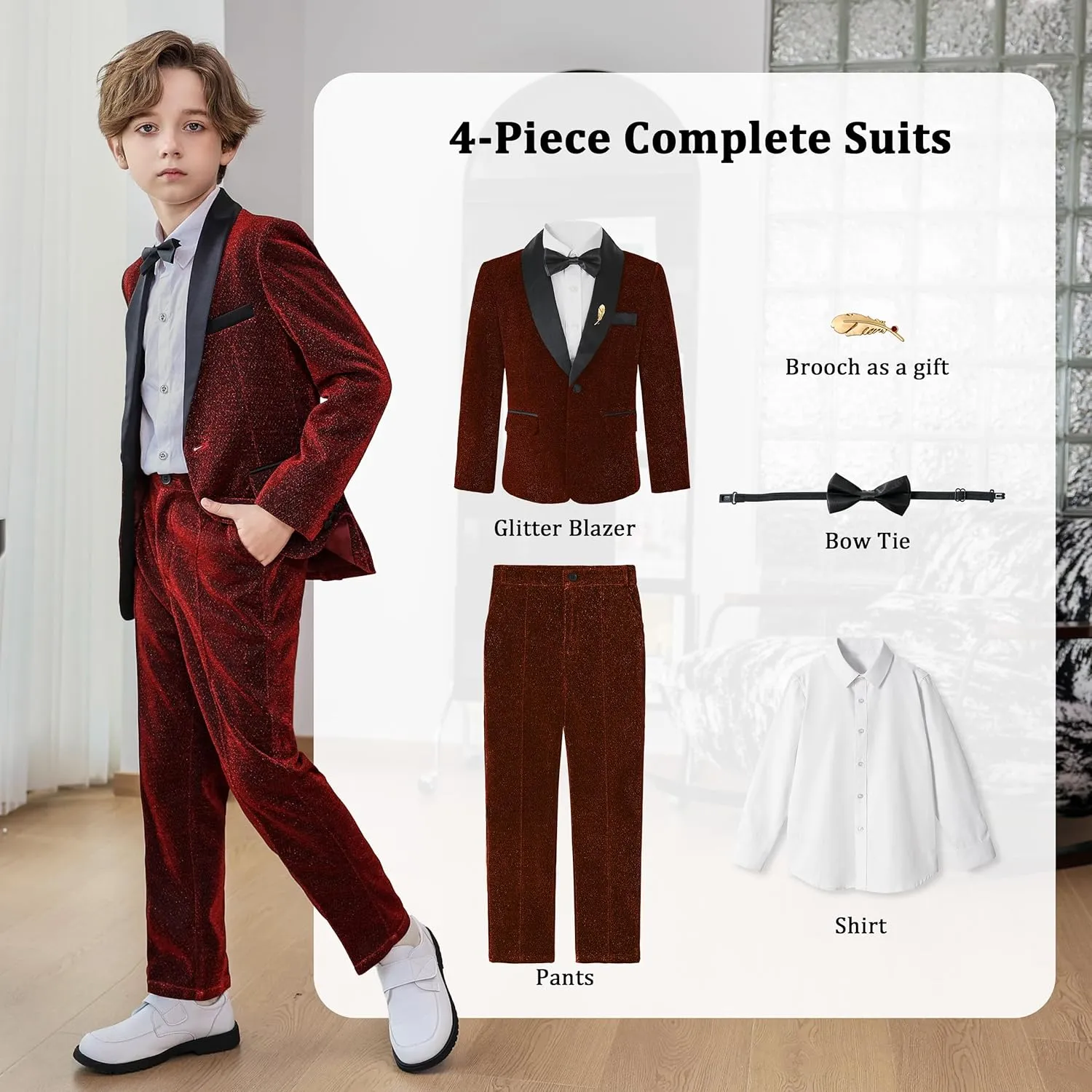 LOLANTA 4Pcs Boys Shiny Suits, Formal Tuxedo Kids Glitter Performance Blazer and Pants with Shirt for Christmas 5-12 Years
