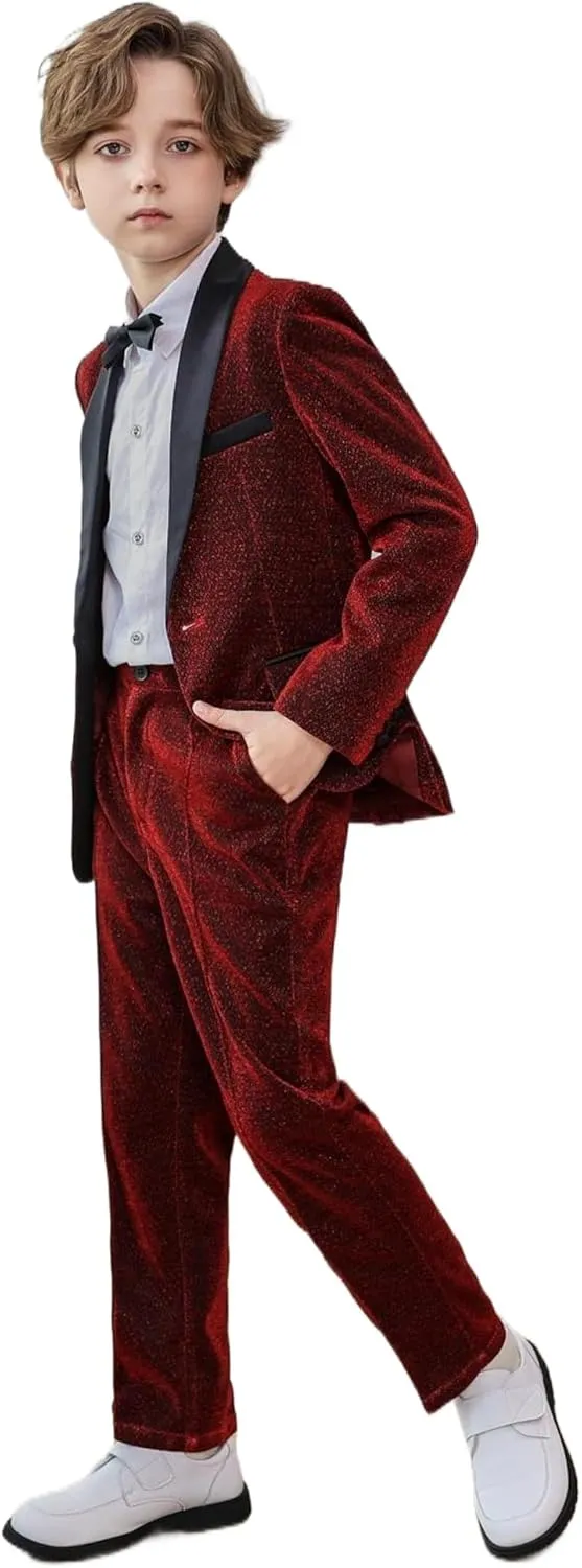 LOLANTA 4Pcs Boys Shiny Suits, Formal Tuxedo Kids Glitter Performance Blazer and Pants with Shirt for Christmas 5-12 Years