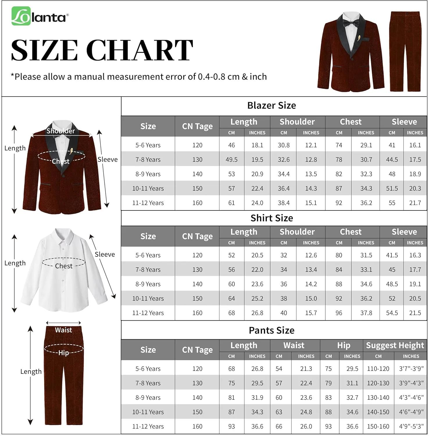 LOLANTA 4Pcs Boys Shiny Suits, Formal Tuxedo Kids Glitter Performance Blazer and Pants with Shirt for Christmas 5-12 Years