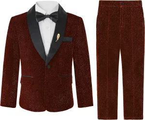 LOLANTA 4Pcs Boys Shiny Suits, Formal Tuxedo Kids Glitter Performance Blazer and Pants with Shirt for Christmas 5-12 Years