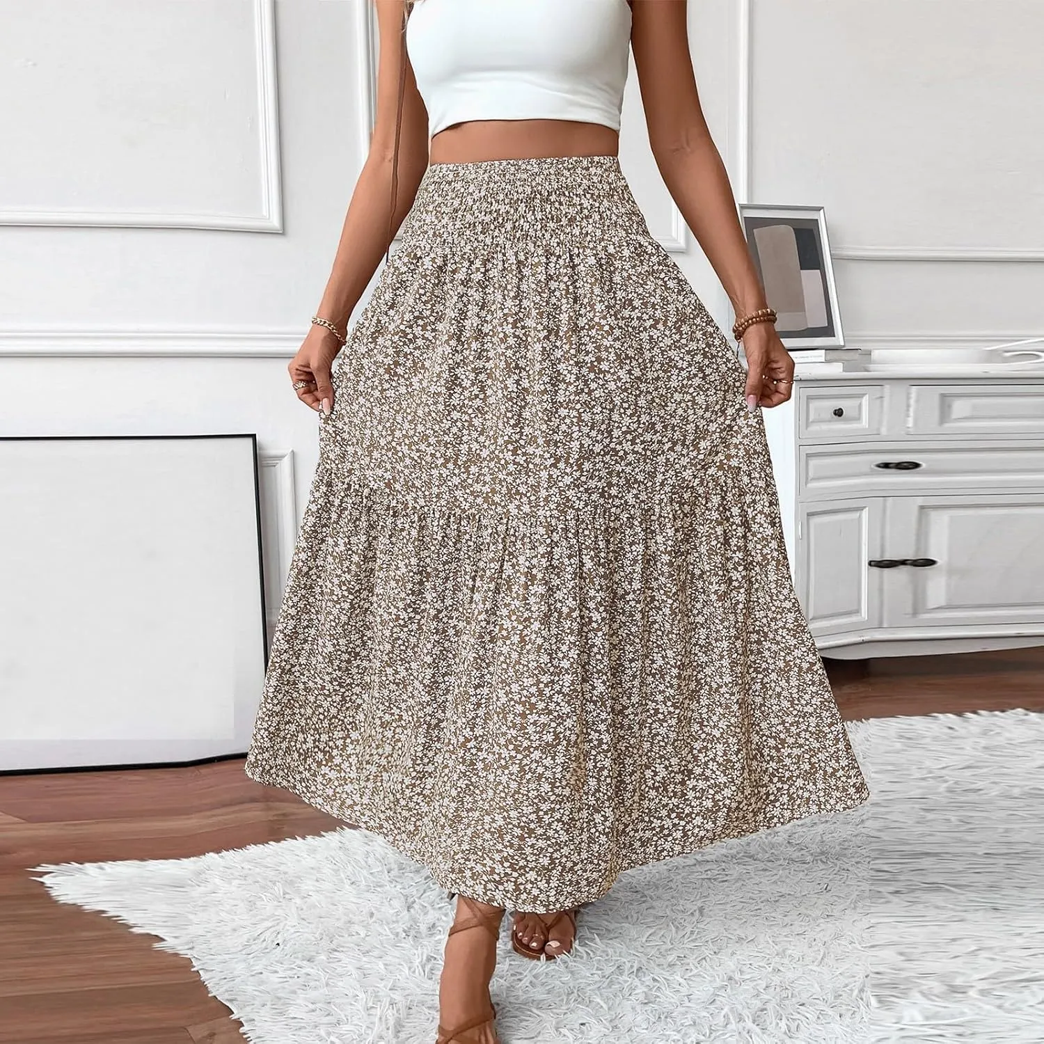 Long Flowy Skirts for Women Smocked High Waisted Floral Maxi Skirt with Pockets Boho Ruffle Tiered Beach A Line Skirt