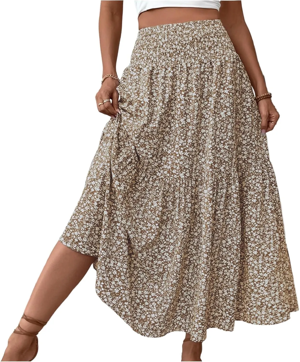 Long Flowy Skirts for Women Smocked High Waisted Floral Maxi Skirt with Pockets Boho Ruffle Tiered Beach A Line Skirt