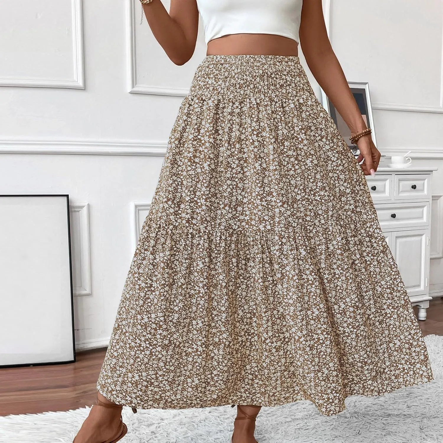 Long Flowy Skirts for Women Smocked High Waisted Floral Maxi Skirt with Pockets Boho Ruffle Tiered Beach A Line Skirt