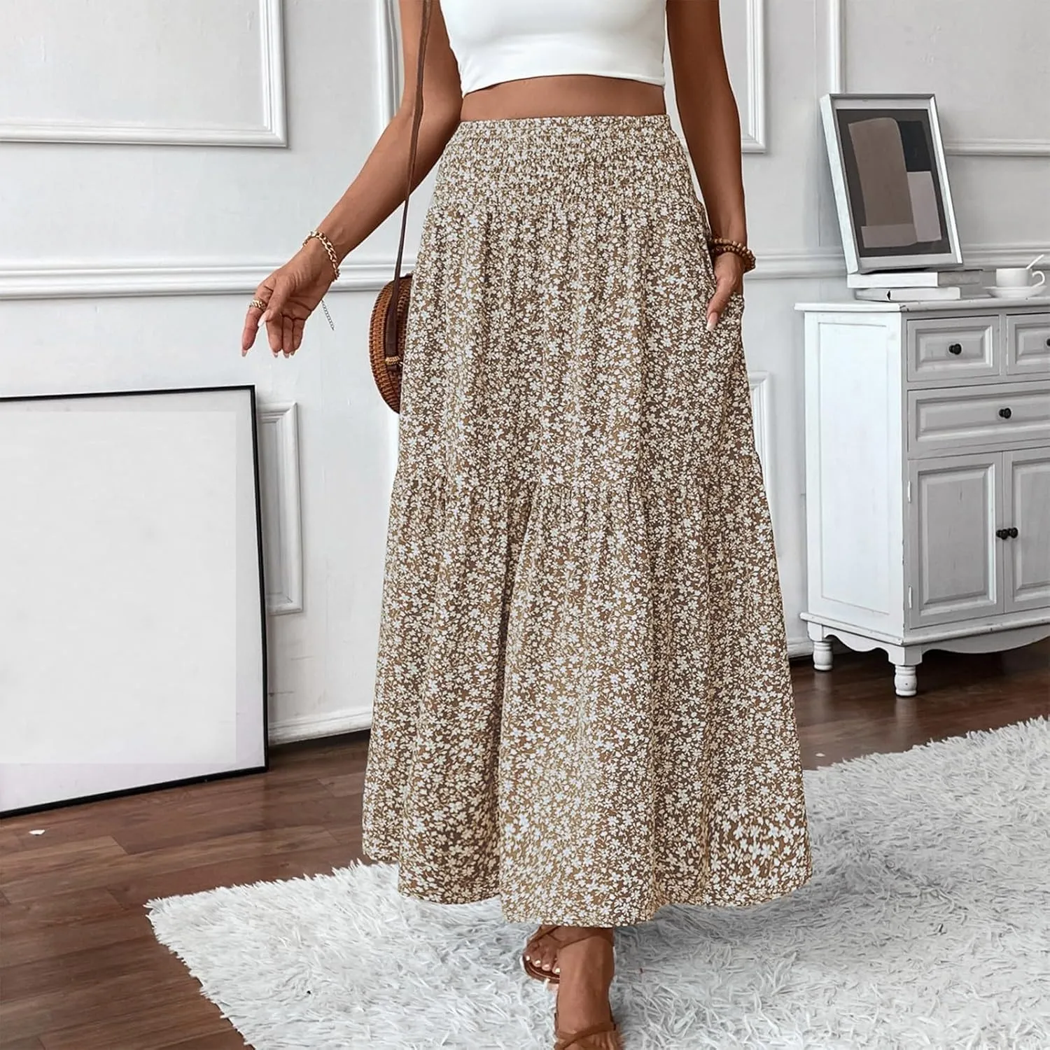 Long Flowy Skirts for Women Smocked High Waisted Floral Maxi Skirt with Pockets Boho Ruffle Tiered Beach A Line Skirt