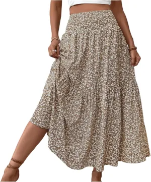 Long Flowy Skirts for Women Smocked High Waisted Floral Maxi Skirt with Pockets Boho Ruffle Tiered Beach A Line Skirt