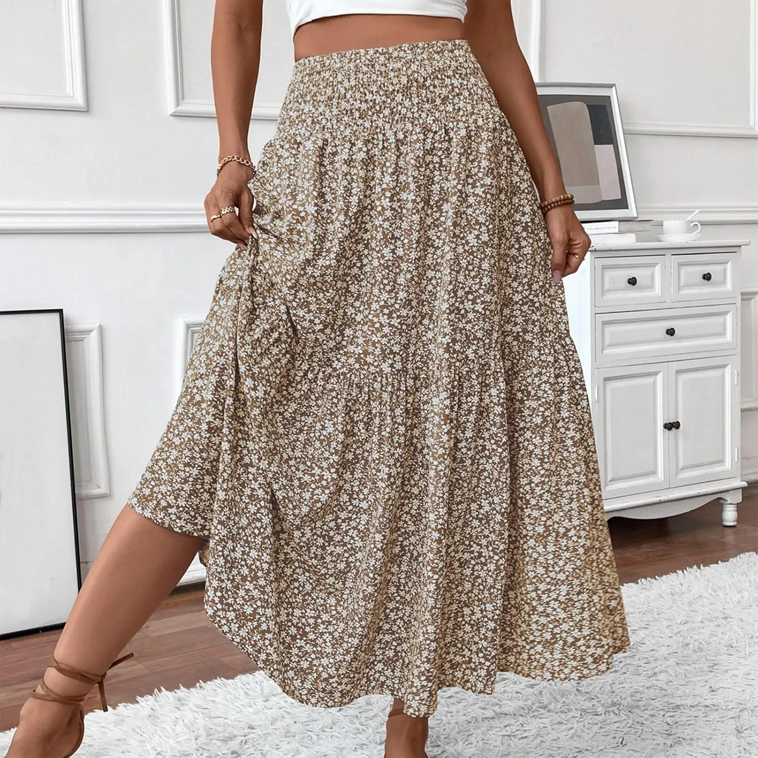 Long Flowy Skirts for Women Smocked High Waisted Floral Maxi Skirt with Pockets Boho Ruffle Tiered Beach A Line Skirt