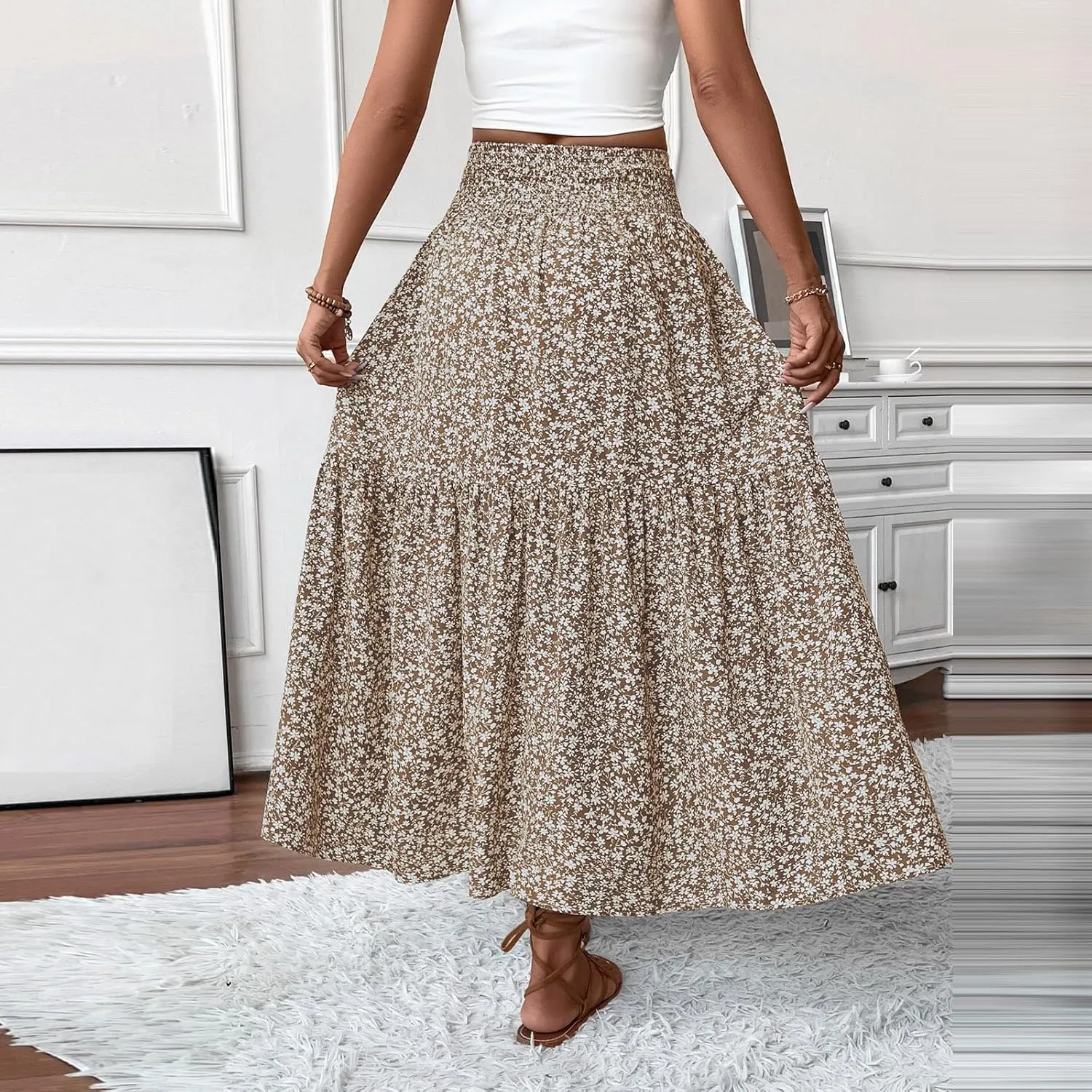 Long Flowy Skirts for Women Smocked High Waisted Floral Maxi Skirt with Pockets Boho Ruffle Tiered Beach A Line Skirt