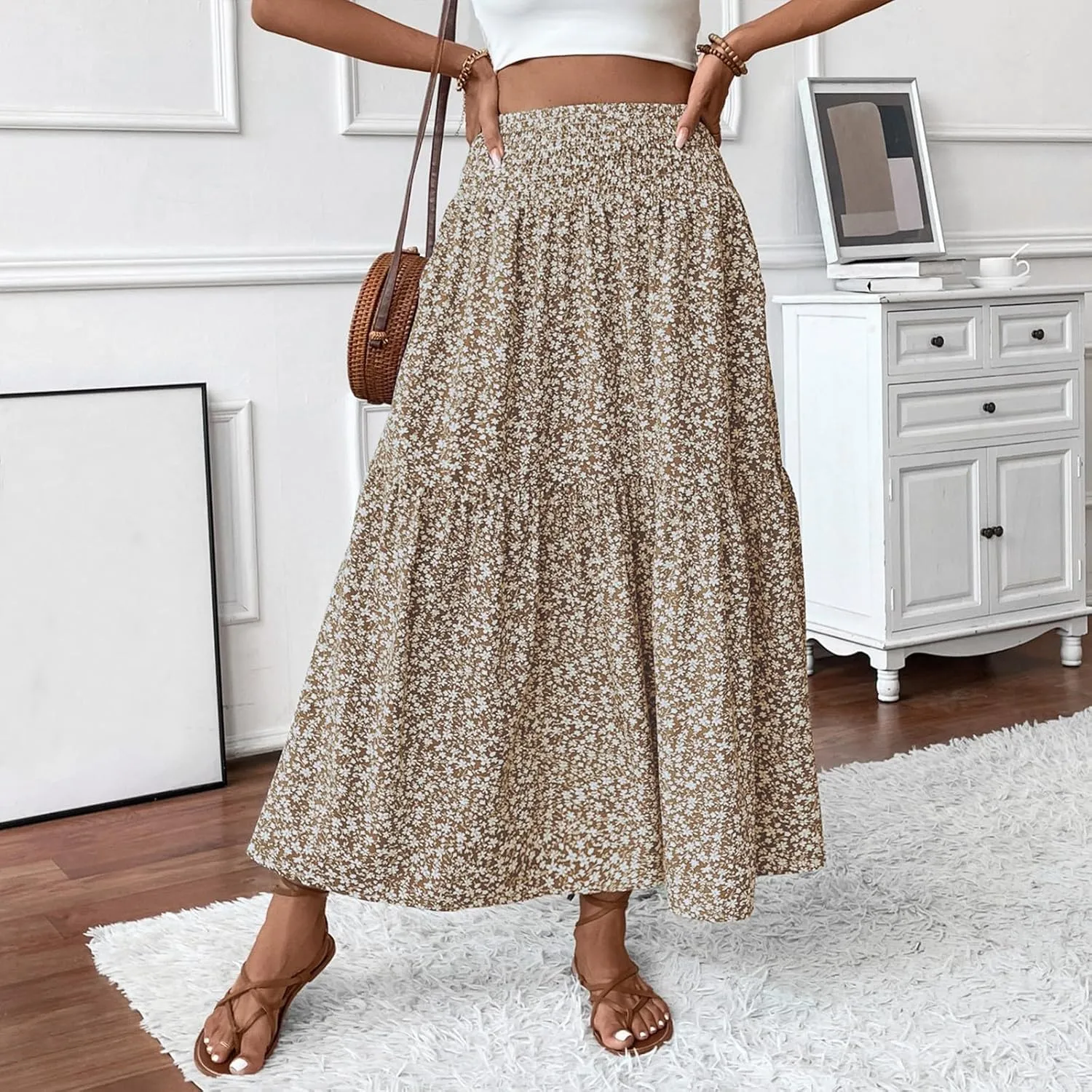 Long Flowy Skirts for Women Smocked High Waisted Floral Maxi Skirt with Pockets Boho Ruffle Tiered Beach A Line Skirt