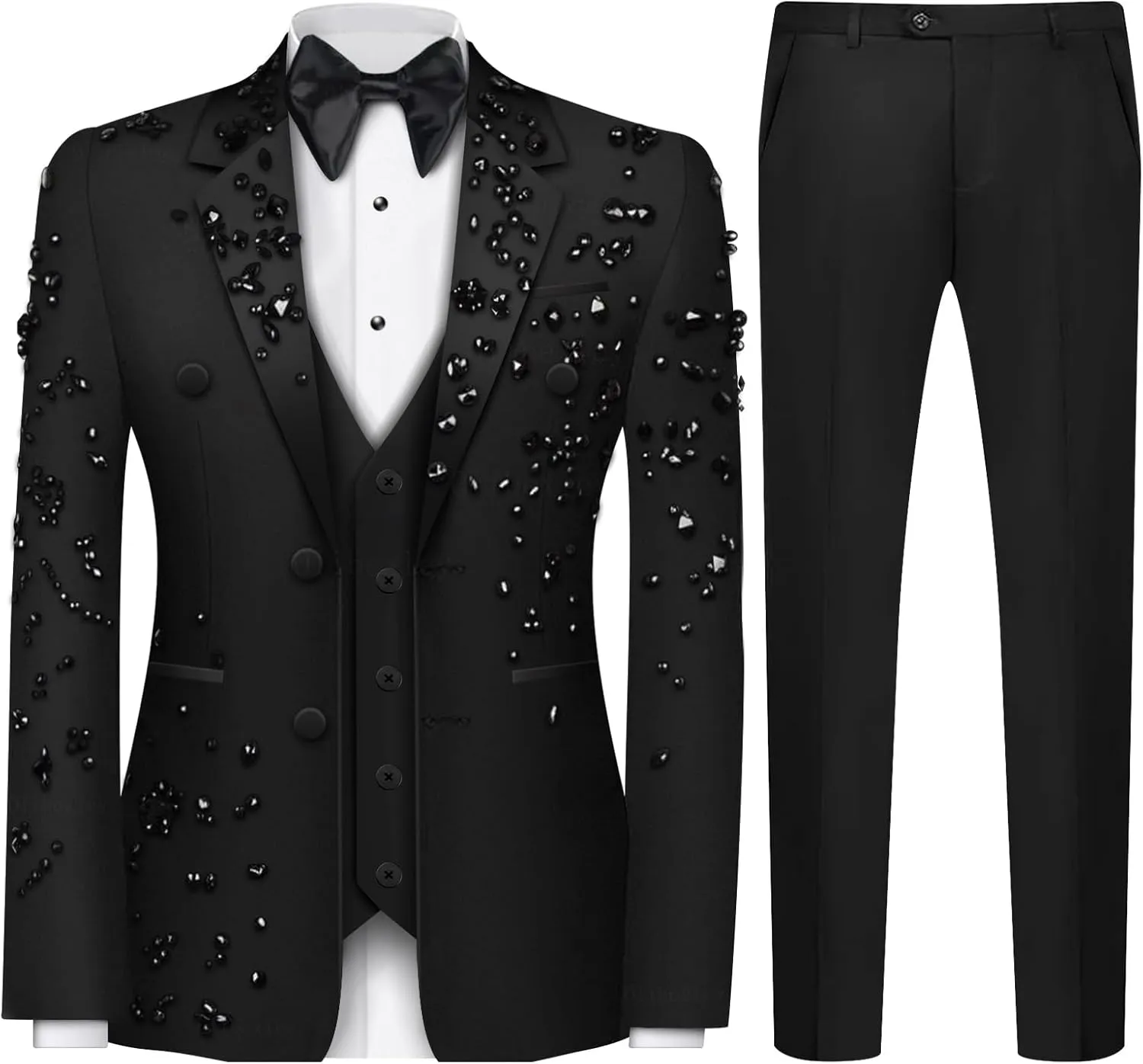 Luxury Men's 2 Piece Suit Slim Fit Solid 2 Button Beads Crystal Party Wedding Tuxedo Suits Blazer Jacket Pants Set