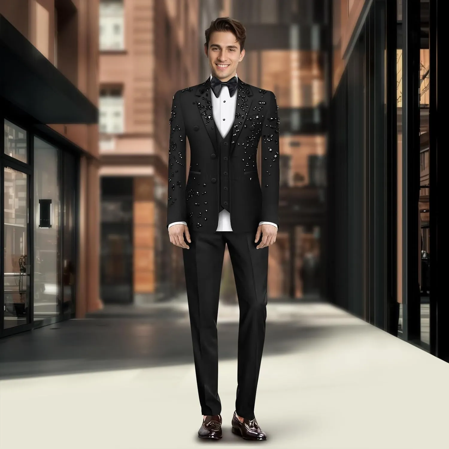 Luxury Men's 2 Piece Suit Slim Fit Solid 2 Button Beads Crystal Party Wedding Tuxedo Suits Blazer Jacket Pants Set