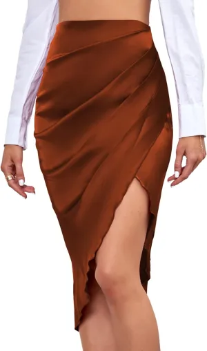 LYANER Women's Satin Skily Asymmetrical Split Slit Ruched Hight Waist Bodycon Midi Skirt