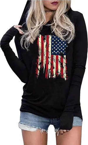 LYEIAO American Flag Fashion Hoodie for Women USA Flag Graphic T-Shirt 4th of July Patriotic Long Sleeve Hoodie Pullover Tops