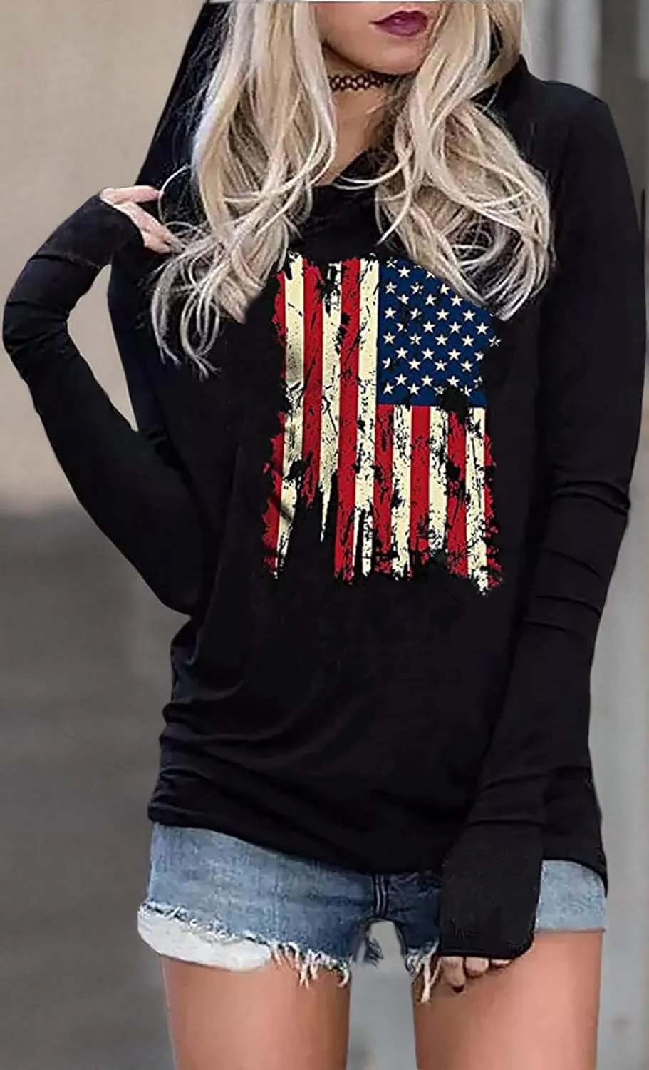 LYEIAO American Flag Fashion Hoodie for Women USA Flag Graphic T-Shirt 4th of July Patriotic Long Sleeve Hoodie Pullover Tops