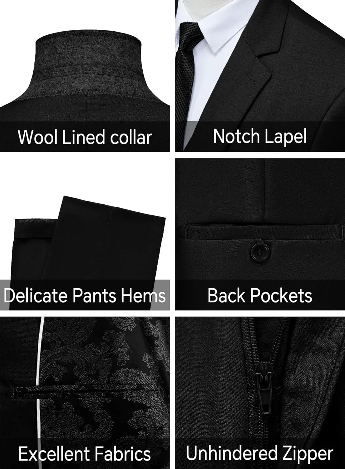 MAGE MALE Men's 3 Pieces Suit Slim Fit One Button Business Wedding Party Solid Blazer Vest Pants Set with Tie