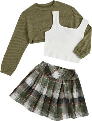 MakeMeChic Girl's 3 Piece Outfits Long Sleeve Crop Tops Ribbed Tank Top and Plaid Pleated Skirts Set